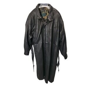 SAXONY Black Leather Trench Coat Womens 42 Long Belted 48" Coat